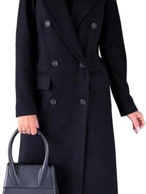 Women's Navy Casual Long Wool Double Breasted Fall Winter Clothes Trench Coat